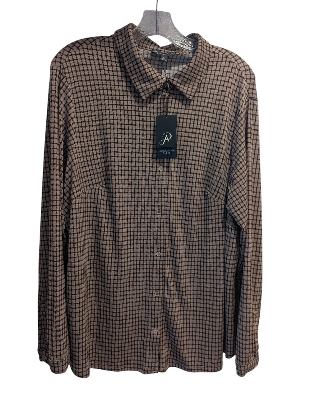 Adrianna Papell Shirt Camel Tan Brown Black Plaid LS Button Down Blouse 1X *NWT